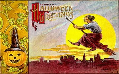 Vintage Halloween Greetings Card with Witch on Broomstick