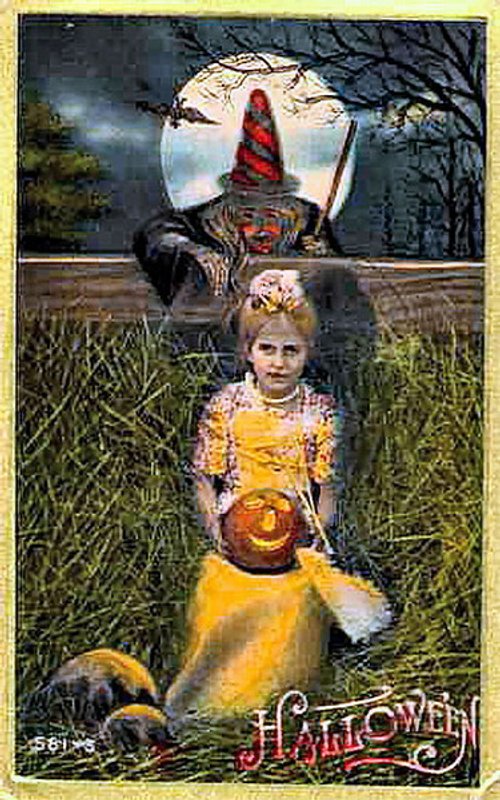 Vintage Halloween Greeting Card Girl Witch Moon