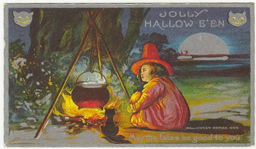Jolly Hallow E'en Vintage Halloween Greeting Card with Witch