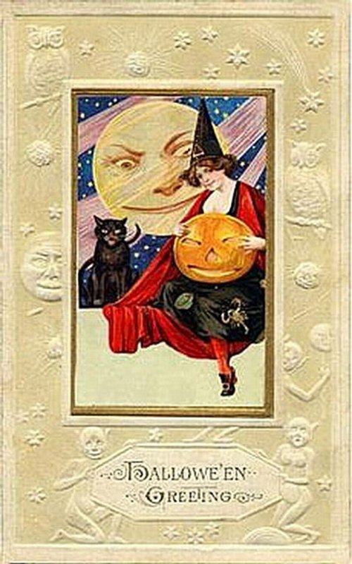 Vintage Halloween Greeting Card with Witch, Black Cat & Jack-O-Lantern
