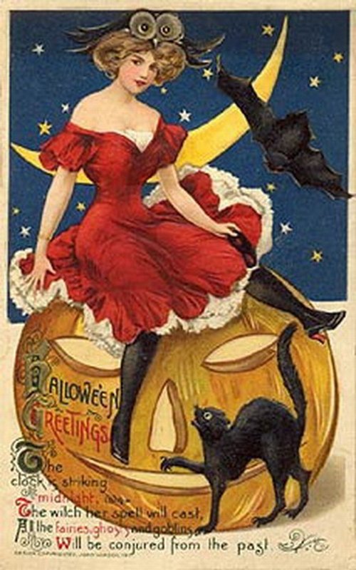 Vintage Halloween Greeting Card Woman Pumpkin Black Cat 1900s