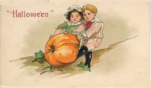 Victorian Halloween Greeting Card with Children and Giant Pumpkin
