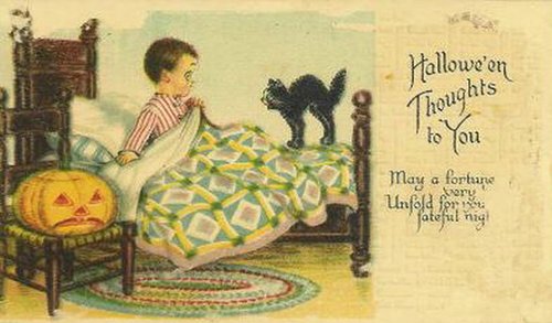 Vintage Halloween Greeting Card Black Cat Bed Scene 1900s