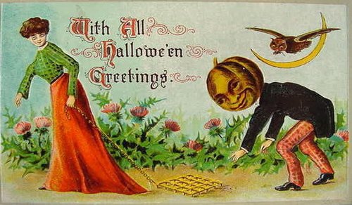 Victorian Halloween Greetings Card with Pumpkin-Headed Man and Elegant Woman