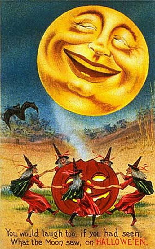 Vintage Halloween Greeting Card: Laughing Moon & Dancing Witches