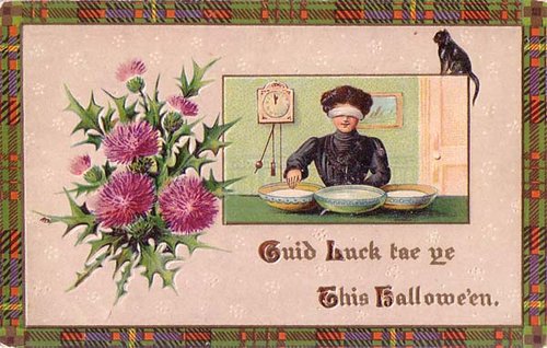 Victorian Halloween Greeting Card with Fortune Teller & Pink Flowers