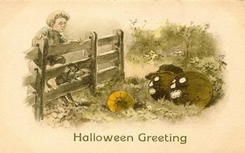Victorian Halloween Greeting Card with Boy, Black Cat & Pumpkins