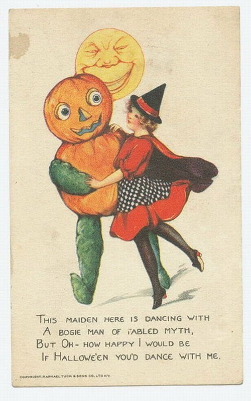 Vintage Halloween Greeting Card: Dancing Pumpkin Man & Witch