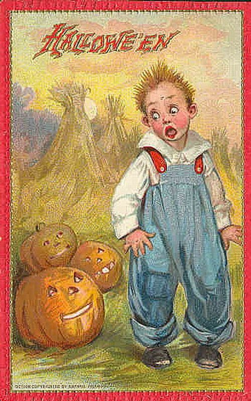Vintage Halloween Greeting Card with Boy and Jack-o'-Lanterns