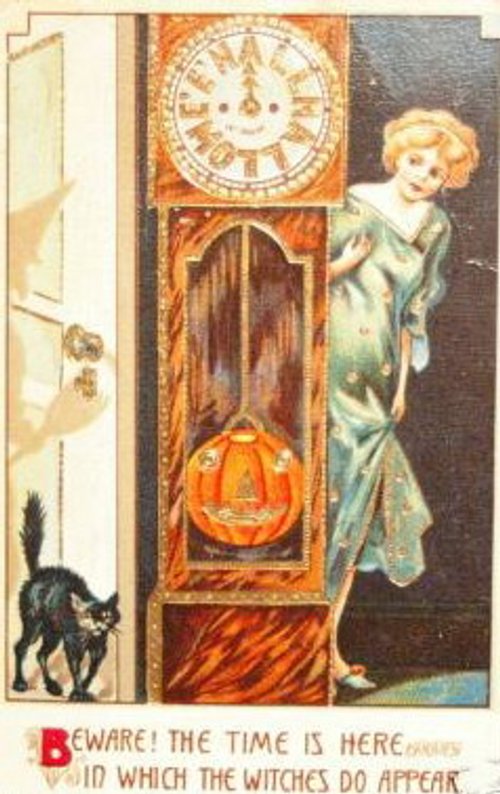 Vintage Halloween Greeting Card with Clock & Black Cat