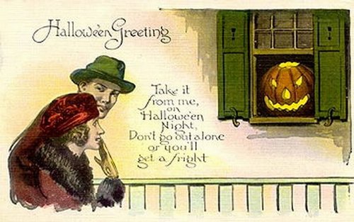 Vintage Halloween Greeting Card with Couple & Jack-o'-Lantern