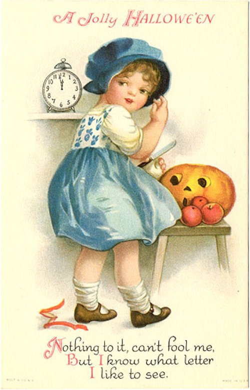 Jolly Halloween Greeting Card - Child with Jack O'Lantern & Clock