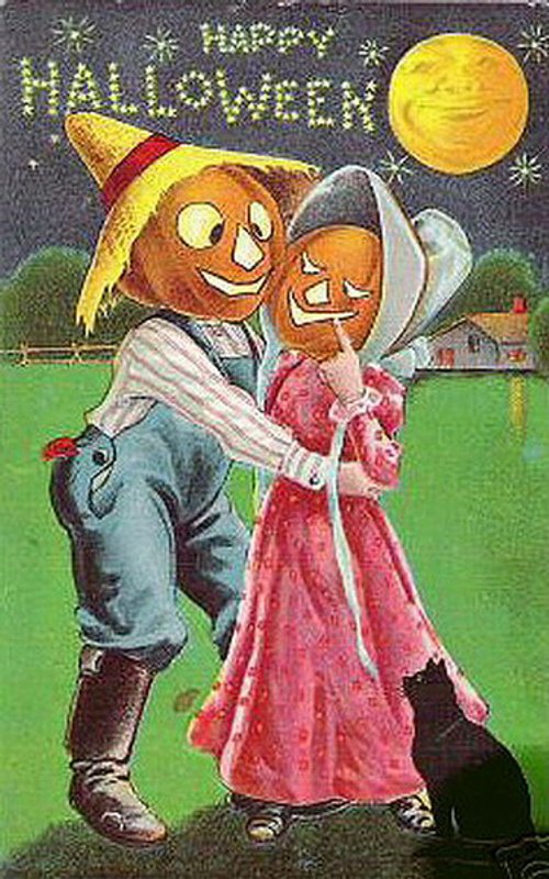 Vintage Halloween Greeting Card Jack-o-Lantern Couple Dancing 1900s
