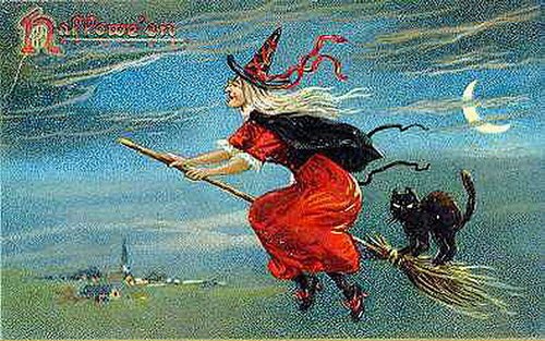Vintage Halloween Witch Greeting Card - Victorian Era Flying Broomstick