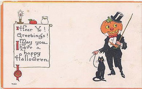 Vintage Halloween Greeting Card with Pumpkin Man & Black Cat