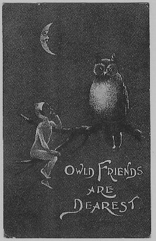 Vintage Owl & Child Friendship Greeting Card, Early 1900s