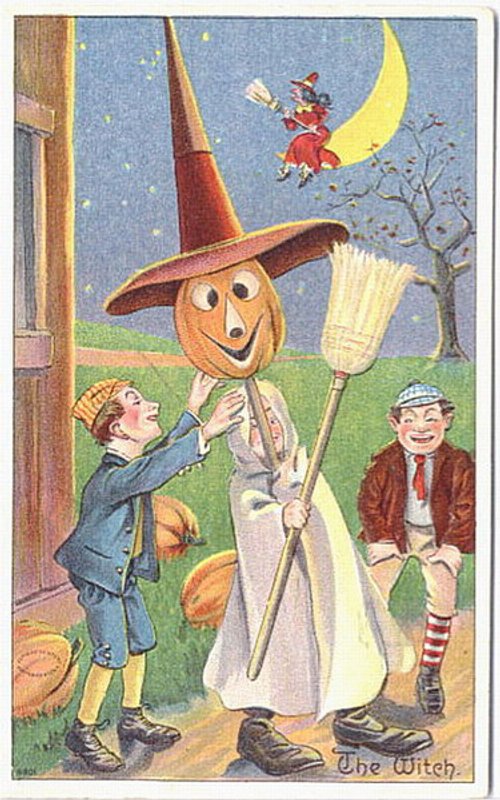 Vintage Halloween Greeting Card Witch & Children 1900s