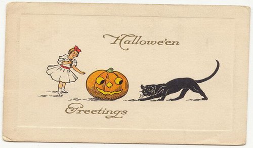 Vintage Halloween Greeting Card with Pumpkin & Black Cat