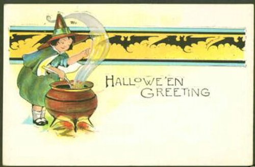 Vintage Halloween Greeting Card with Witch and Cauldron