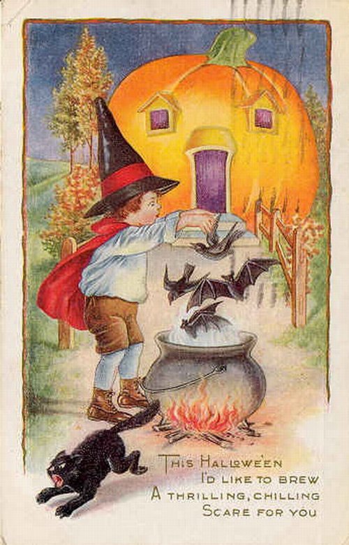 Vintage Halloween Greeting Card Witch Brew Pumpkin House