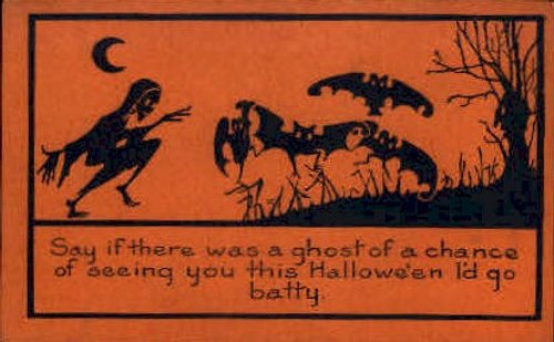 Vintage Halloween Greeting Card with Witch and Bats, Early 1900s