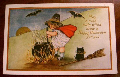 Vintage Halloween Greeting Card: Little Witch with Black Cat
