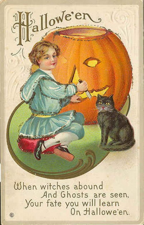 Vintage Halloween Greeting Card with Jack-o'-Lantern & Girl