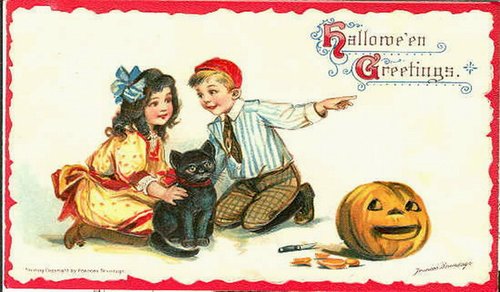 Victorian Halloween Greetings Card with Children and Black Cat