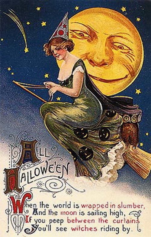 Vintage Halloween Greeting Card with Witch Moon Face Art Nouveau