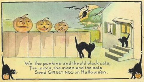 Vintage Halloween Greeting Card with Jack-o'-Lanterns & Black Cats