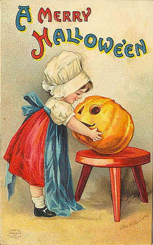 Vintage Merry Halloween Card with Child & Jack-O'-Lantern