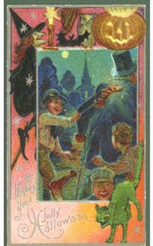 Vintage Halloween Greeting Card with Witches and Jack-o-Lantern