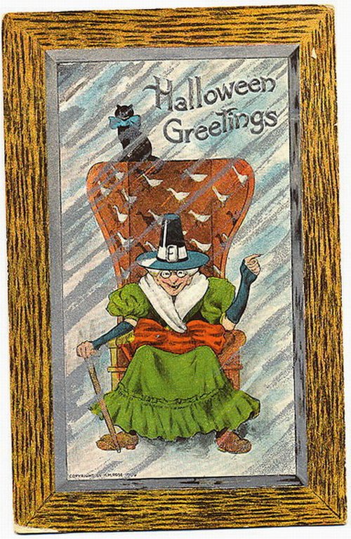 Vintage Halloween Greetings Card with Witch and Black Cat