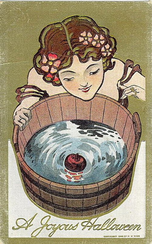 Vintage Halloween Greeting Card with Apple Bobbing Girl
