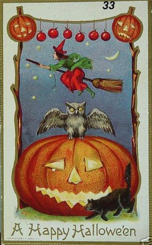 Vintage Halloween Greeting Card with Witch, Owl & Jack-o'-Lantern