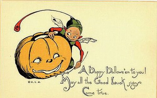 Vintage Halloween Greeting Card with Elf & Jack-o'-Lantern, Early 1900s