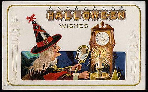 Vintage Halloween Witch Greeting Card with Clock & Mirror