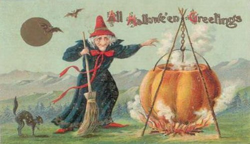 Victorian Halloween Greeting Card with Witch and Cauldron