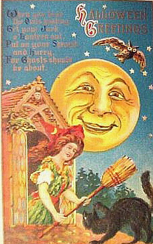 Vintage Halloween Greetings Card with Smiling Moon & Witch