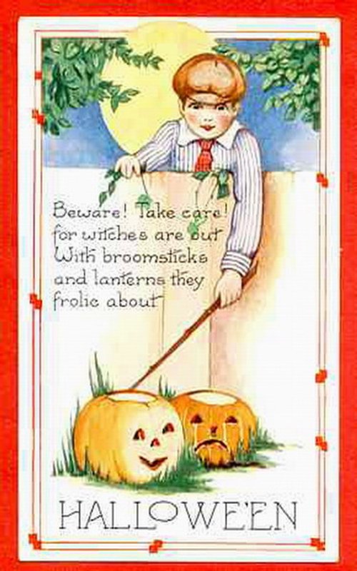 Vintage Halloween Greeting Card Boy with Jack-o-Lanterns Broomsticks
