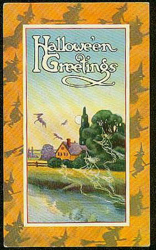Vintage Halloween Greetings Card, Early 1900s Scenic Design