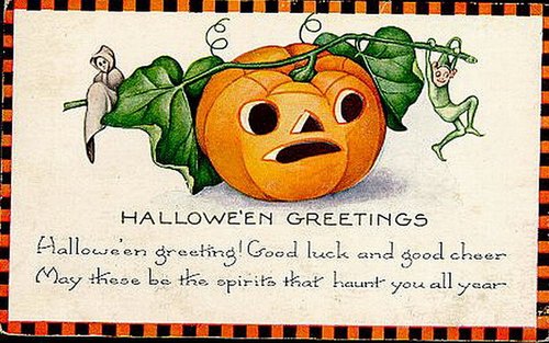 Vintage Halloween Greeting Card with Jack O'Lantern & Sprites