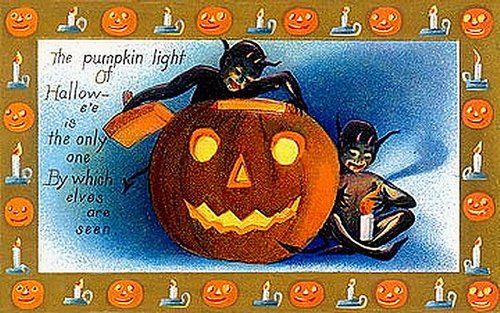 Vintage Halloween Greeting Card with Jack-O'-Lantern & Elves