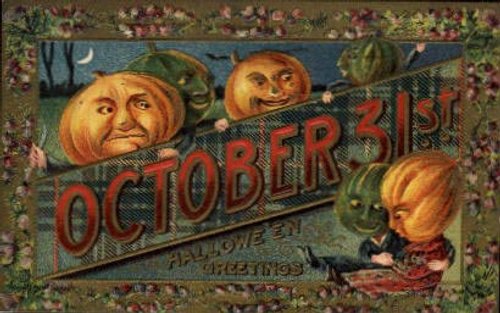 Vintage October Halloween Greeting Card with Spooky Jack-o-Lantern Faces