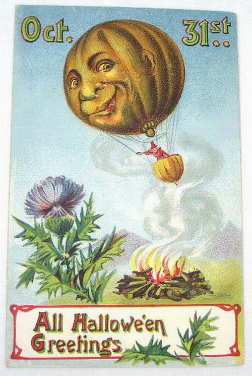 Vintage Oct 31st Halloween Greeting Card - Jack-O-Lantern Hot Air Balloon