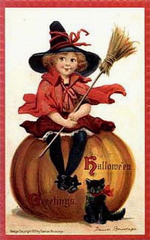 Vintage Halloween Witch on Pumpkin Greeting Card, Early 1900s