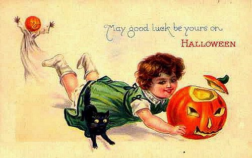 Vintage Halloween Greeting Card: Child with Jack-O-Lantern & Black Cat