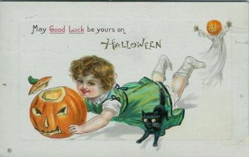 Vintage Halloween Greeting Card with Girl & Black Cat - Early 1900s