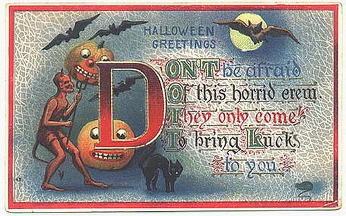 Victorian Halloween Greeting Card - Devil & Jack-o'-Lantern