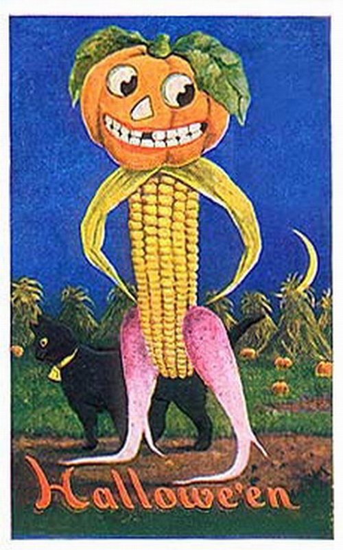 Vintage Halloween Greeting Card with Anthropomorphic Corn Character